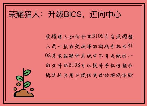 荣耀猎人：升级BIOS，迈向中心