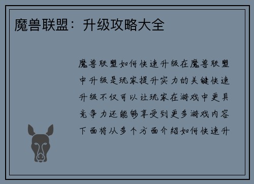 魔兽联盟：升级攻略大全